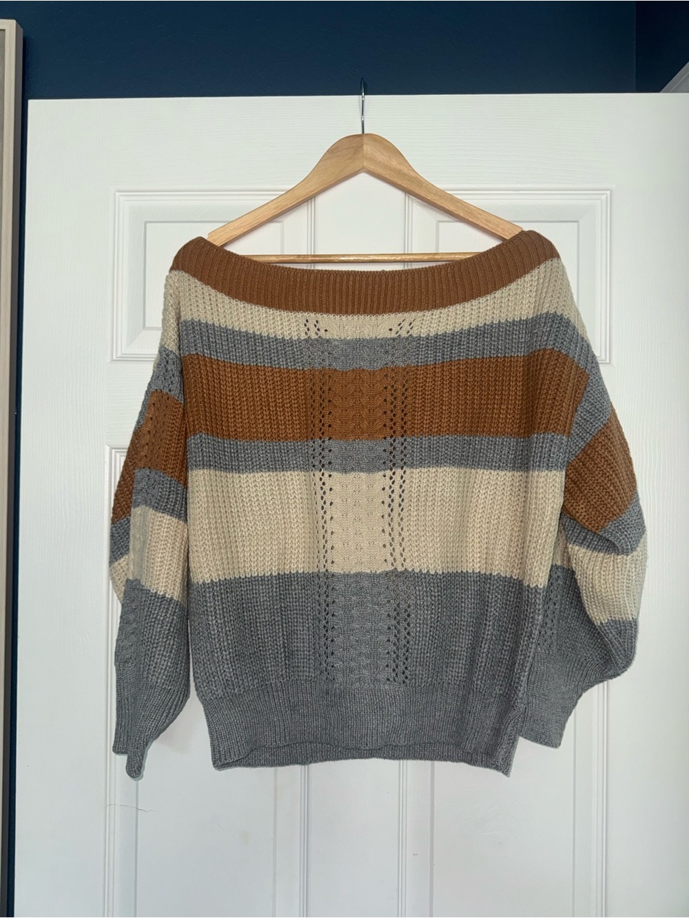 eesome Striped Off-Shoulder Sweater in Brown, Cream & Gray